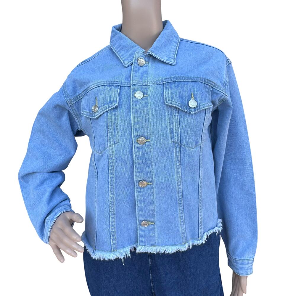 Light Wash Denim Jean Jacket Fringe Raw Hem Button Front Trucker Small NWOT S